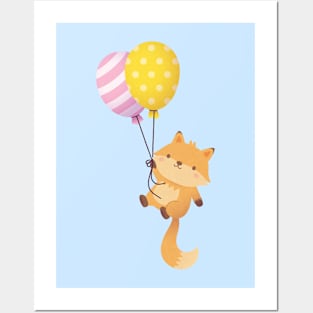 Cute Little Fox With Balloons Posters and Art